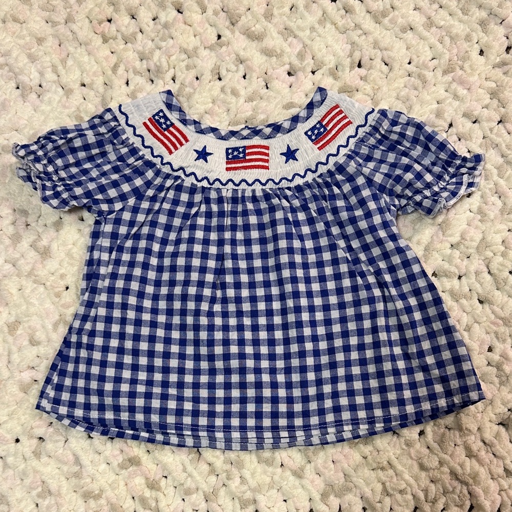 Blue Gingham Smocked Dress with American Flag